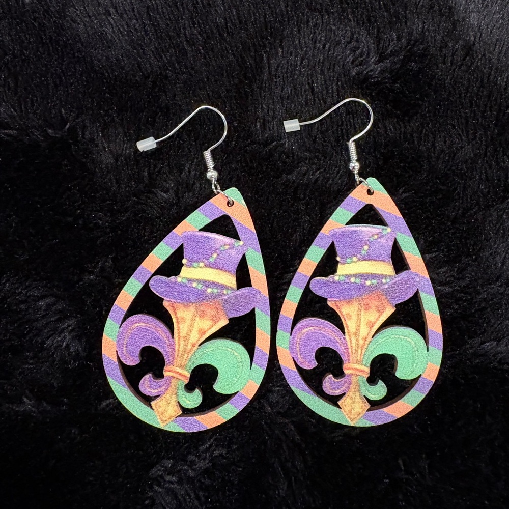 Mardi Gras/Carnival Teardrop Earrings with Fleur-de-Lis